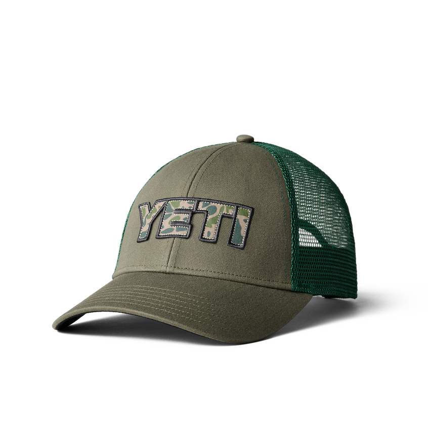 YETI Camo Logo Badge Trucker Hat Olive Olive