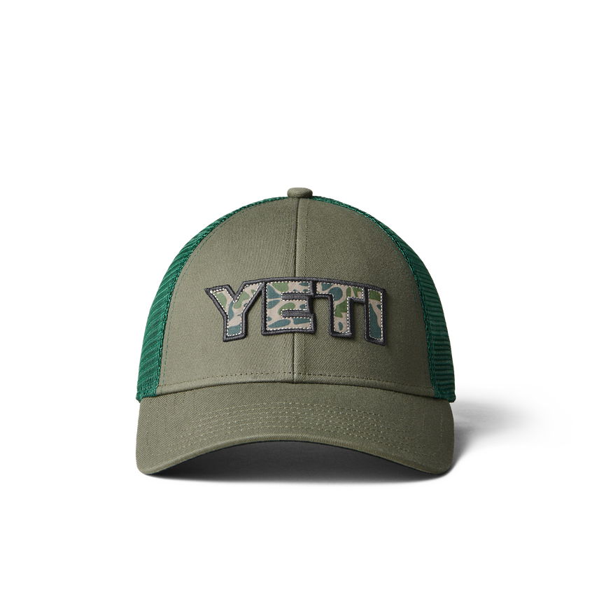 YETI Camo Logo Badge Trucker Hat Olive Olive